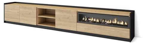 Skraut Home | Mueble TV | Televisión | Muebles de salón, almacenaje | 310x50x37 cm | para TV hasta 80 | Chimenea eléctrica | Estilo Moderno | Roble y Negro