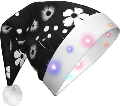 Evengigy Schwarz-weiße Weihnachtsmütze mit Blumendruck, LED-Weihnachtsmütze für Erwachsene, Weihnachtsmütze, lustige Weihnachtsmütze für Erwachsene, Unisex, Party