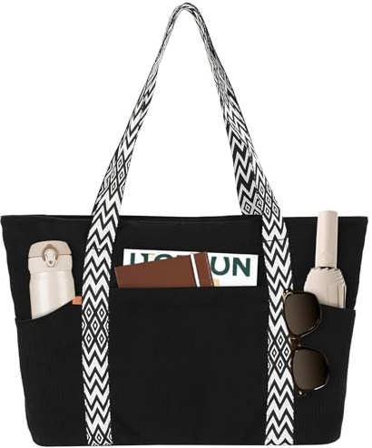 Outplea Bolso Tote de Pana para Mujer, Bolso Hombro Grande con Cremallera, Bolsa Shopper con Correas Boho, Bolsa Mujer para Ordenador Portatil 15.6 para Escuela Universitaria Trabajo Oficina