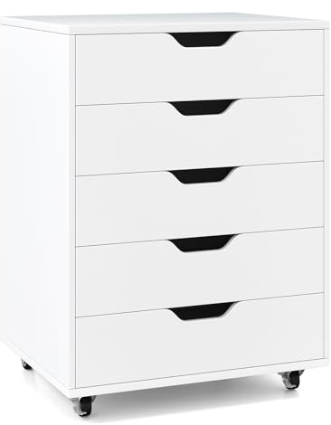 GIANTEX Rollcontainer mit 5 Schubladen, Aktenschrank mit Rollen, Schubladenschrank Holz unter Schreibtisch, Druckertisch für Zuhause & Büro (Weiß, 49 x 40 x 65 cm)