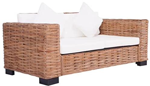 QZZCED Natürliches Rattan-Sofa, 2-Sitzer, für Garten und Terrasse, mit abnehmbaren Kissen und robustem Holzgestell, wetterfest und bequem