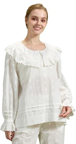 BEAUTELICATE Blusa Mujer Vintage con Bordada 100% Algodón Manga Larga con Cuello Volantes y Botones Blusa de Casa Holgada y Cómoda(Blanco,S)