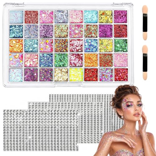 Soodyoow 40 Colori Palette Glitter Ombretto, Impermeabile Lunga Durata Alta Pigmentazione, Palette Trucco per Viso e Corpo, Trucco Professionale per Adulti e Bambini per Carnevale Festa