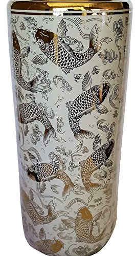 Oriental Furnishings Asian Porcelain Umbrella Stand Canister Vase Gold Fish on White Glaze