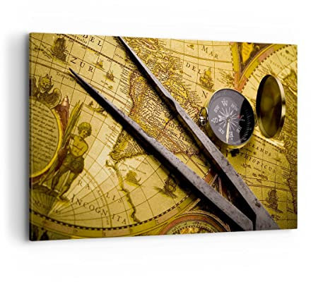 Wandbilder Dekoration Wohnzimmer Kompass Abenteuer Reisen Bilder auf Leinwand 120x80cm Leinwandbild Schlafzimmer Küche Deko Wand Kunstdruck Art Groß XXL Wanddeko Bild Wall Decor Canvas AA120x80-0146