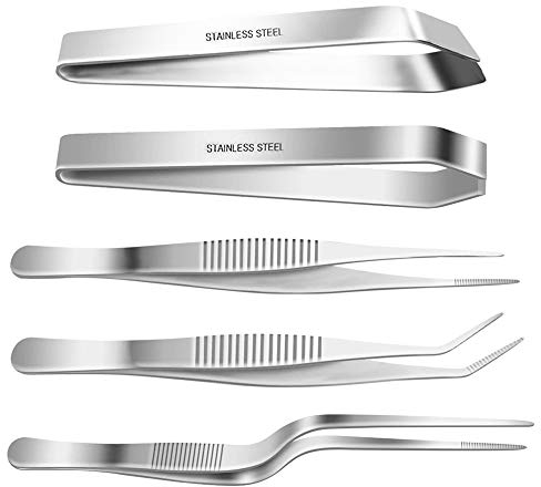 SelfTek 5 Stück Küchenpinzette Edelstahl,Grätenzange für Fisch,Koch Pinzette Gräten Flach und Slant Zange Fischpinzette rostfrei für Koch,Meeresfrüchte,Geflügel(Silber)