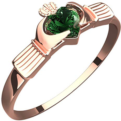 GWG Jewellery 18K Roségold vergoldetes Claddagh Ring mit herzförmigem Smaragdgrünem Stein unter Krone in Geschenkbox für Frauen