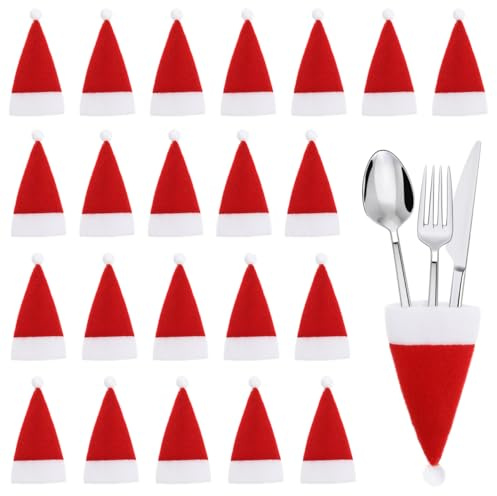 Amosfun Mini WeihnachtsmüTzen 30 StüCk Tischdeko Besteckhalter Und Flaschenabdeckung Aus Stoff FüR Weihnachten Messer Gabel LöFfel Silberhalter FüR Festliche Dekoration