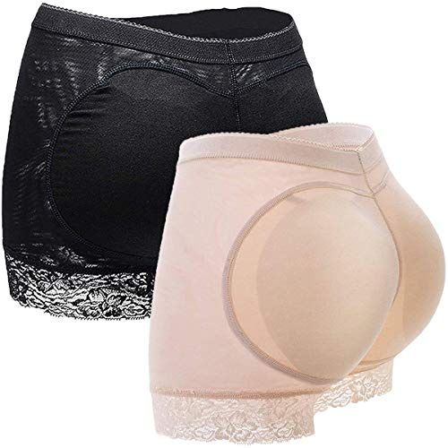 DODOING 2 Pack Fake Butt Lifter Pants Hip Enhancer Pads Underwear Shapewear Control Padded Panties Boyshorts for Women, Black+beige(2 Pack), S