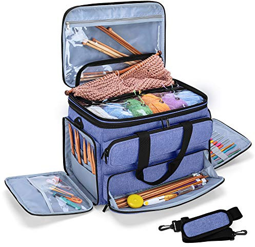 Yarwo Stricktasche zur Aufbewahrung von Wolle, Häkeltasche, Blau | Mit 6 Ösen für Garnführung, Transparenter Klappe, 2 Front-Reißverschlusstaschen und 2 Seitenfächern für Wolle und Nadeln