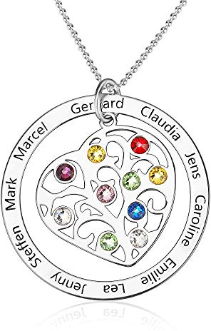 Namenskette Personalisierte 925 Sterling Silber Herz Kette mit Name Lebensbaum Halskette Stammbaum des Lebens Anhänger Gravur 1 bis 10 Kinder Namen Geburtsstein Mutter Familien Oma