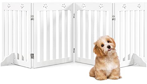 COSTWAY Barrière de Sécurité en Bois Pliable pour Animaux de Compagnie, Portail pour Chiens avec 4 Panneux et 2 Pieds de Soutien, pour Maison, Escalier, Porte, 60CM, Blanc/Marron (Blanc)