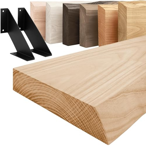 LAMO Manufaktur Holzregal mit schwarzen V-förmigen Halterungen | Wand Regal 50cm breit für Badezimmer, Flur, Küche im Industrial-Stil | Farbe: Natur, Kante: natürlich | Massivholz, Vintage-Charakter