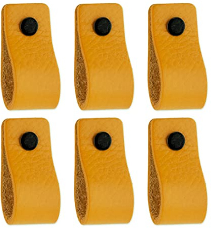 Brute Strength – Ledergriffe für Möbel – 12,5 x 2,5 cm – Gelb – 6 Stück | Handgefertigte Möbelgriffe und Lederschlaufen aus Vollnarbenleder; für Schranktüren und Schubladen, Schrauben inklusive