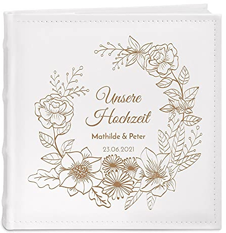 Maverton Einsteckalbum mit Aufdruck - Fotoalbum für 200 Fotos 10x15-100 Seiten - Größe: 21x22cm - Weiß - personalisierte Geschenke für Paar zur Hochzeit zum Hochzeitstag