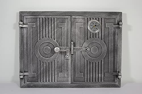 SEZAM doppelte Backofentür aus Gusseisen mit Thermometer 500 °C, mit Türriegel, rechteckig, Pizzaofentür - Brotofen - Steinofentür, 43,7 x 3 x 33 cm, silberfarben bemalt