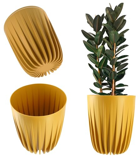 KADAX Pot de Fleurs Moderne en Plastique - Rond avec Insert et Motif Géométrique - Naturel et Haut (∅ 30 cm, Jaune Foncé)