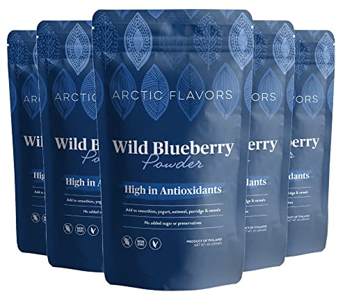 Arctic Flavors polvo de arándanos silvestres, liofilizado, alto en antioxidantes, totalmente natural, 100% arándanos enteros de origen sostenible de los bosques árticos de Finlandia, 425 g (pq. de 5)
