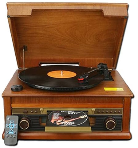 ARWIC Tourne-Disque rétro Vintage en Bois 7 en 1, Haut-parleurs Bluetooth, Disque Vinyle Gramophone Vintage Classique, Vinyle 3 Vitesses avec Lecteur CD, Radio FM, entrée auxiliaire et Sortie Ligne