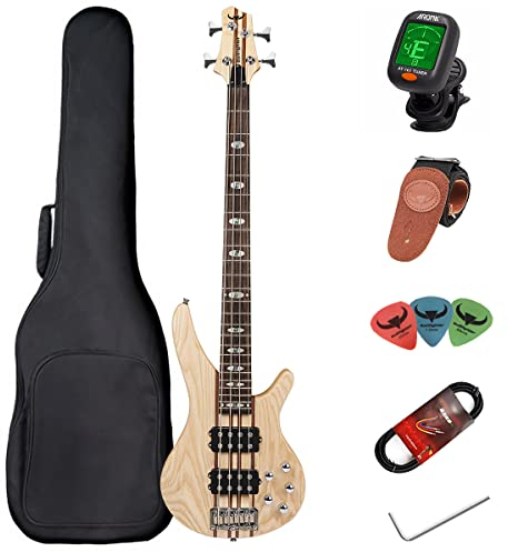 Elektrische Bassgitarre 4 Saiten Full Size P Bass Kit für Anfänger schwarz mit Konzerttasche, Gitarrengurt und Gitarrenkabel (4s)…