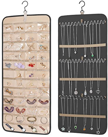 Organisateur de Bijoux à Suspendre avec Cintre Rotatif à 360 Degrés, Porte-collier Double Face Organisateur de Chaîne de Bijoux avec Grandes Poches Zippées et Crochets pour(83 cm/33 pouces Noir)