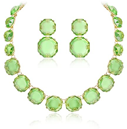 EVER FAITH Strass Statement Halskette Ohrringe Set, Rund Hellgrün Kristall Bohème Art Deco Modeschmuck Set für Damen Mädchen