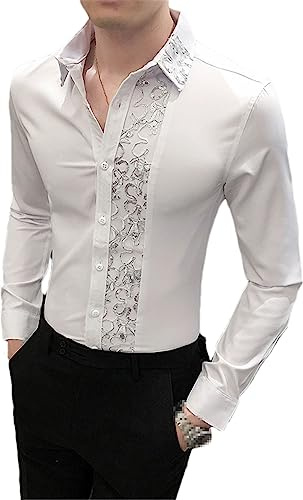 Vogrtcc Camicia da Smoking da Uomo A Maniche Lunghe in Pizzo con Giunture da Uomo White L