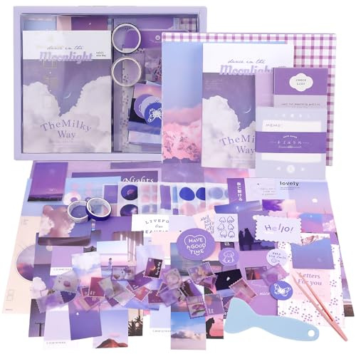 348 Stück Scrapbook Zubehör Set, Vintage Scrapbooking Papier Ästhetisches | Retro Aufkleber Papier, Journaling Zubehör mit A6 Notizbuch und DIY-Werkzeugen für Fotoalben (Lila)