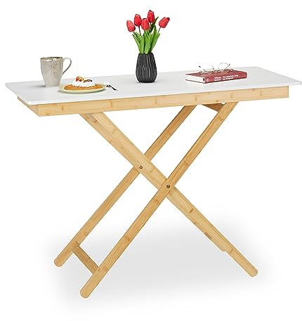 Relaxdays Klapptisch höhenverstellbar, Bambus & MDF, HBT 70x105x50 cm, Esstisch in Küche, Wohnzimmer, Balkon, Natur/weiß