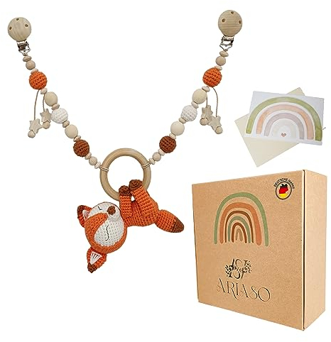 ARIASO® Kinderwagenkette aus Holz und Baumwolle gehäkelt, Kinderwagen Kette für Babys, Geschenk zur Geburt für Mädchen und Junge ab 0+ Monate inkl. Geschenkkarte- Fuchs