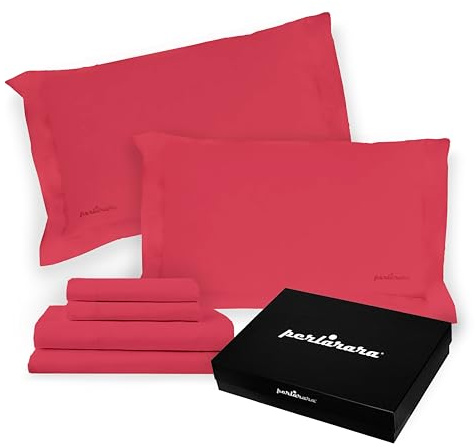 PERLARARA Completo Lenzuola Matrimoniali Cotone Percalle - Set letto Lenzuolo sopra, sotto con angoli e 2 federe - Ciliegia