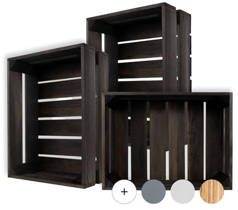 Creative Deco 3 x Holzkiste Schwarz | 40 x 30 x 15 cm | Weinkisten Set Obstkiste Holz | Geschliffen Vintage Holzbox Kiste | Perfekt als Deko Geschenkkorb leer Spielzeugkiste Aufbewahrungsbox