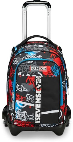 Seven Trolley escolar Jack 3 ruedas, negro y rojo, Half Street, 3 en 1, triple uso, mochila con carro desenganchable, bolsillo para botella y sistema cruzado, mochila escolar de viaje, niño niño,