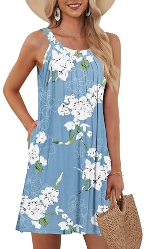 AUSELILY Dam, sommar, tanktopp, fritid, semester, korta hållare, klänningar, Blommig ljusblå, L