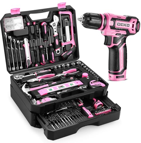 Pink Tool Kit Box Drill Set：DEKOPRO Home Mechanic Toolbox with 12V Power Cordless Drill Hand Repair Tools Sets Combo Kits Storage Organizer Drawer Case for Men & Women