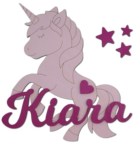 Personalisierter Name aus 4mm Sperrholz mit Einhorn – Wanddeko Kinderzimmer Mädchen | Türschild mit Namen | Geschenk zur Geburt Taufe oder Geburtstag | Holzdeko inkl. Sterne & Herz