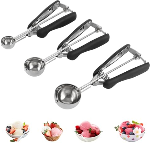 Eisportionierer Edelstahl, 3 Stück Größen Eislöffel Portionierer, 3cm, 4cm, 5cm Eiskugelportionierer, Ice Cream Scoop Edelstahl Eisportionierer mit Auslöser, Eisportionier, Eiscremelöffel Poliert