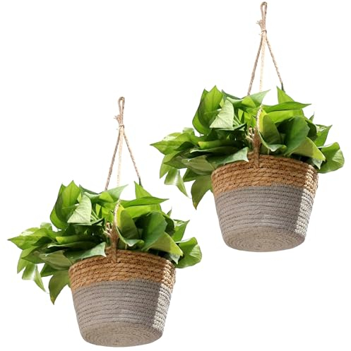 UIYIHIF 2er-Pack Jute-Seil-Hängekorb, Blumenpflanzen-Wandkorb-Dekor-Set, Jute-gewebter Korb, Grüner Luo-Pflanzkorb für Heimdekorationen, Zaun-Pflanzgefäße, Pflanzen-Blumentöpfe (Grey)