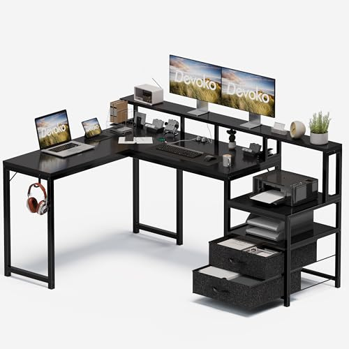 Devoko Eckschreibtisch 168×120cm mit Steckdose USB-Ladeport, Schwarz | L-Schreibtisch mit Stauraum Schublade, Computertisch mit Monitorhalterung und Regalen