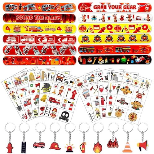 ARONRAVE Feuerwehrmann Party Mitgebsel Feuerwehr Deko Kindergeburtstag 12 Feuerwehr Schnapparmband 10 Feuerwehrauto Schlüsselanhänger 10 Temporäre Tattoos Feuerwehr Spielzeug für Feuerwehrmann Deko