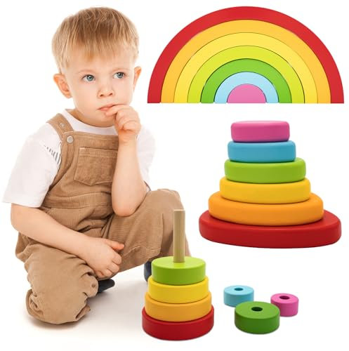 RunHero 3-in-1 Montessori Stapelspielzeug Holzbausteine Regenbogen Motorikspielzeug Grimms Bauklötze ab 1 Jahr Baby Geschenk für 2 3 4 5 Jahr Kinder