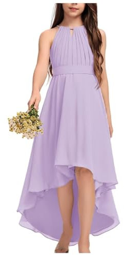 Chiffon A Line Prom Dress for Girls Age 11-12 High Low Birthday Party Dress Halter Wedding Guest Dress Lilac Size 130
