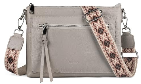 befen Echtleder Umhängetasche Damen Mittelgroß, Crossbody Bag Leder Handytasche zum Umhängen, Moderne Kleine Handtasche Damen mit Verstellbar Breitem Gurt, Grau