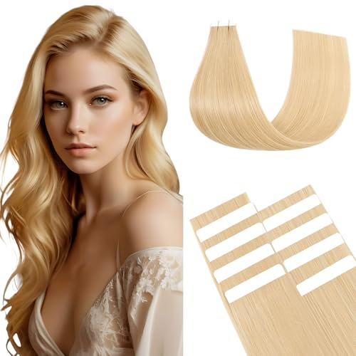 Benehair Extensiones de Cabello con Cinta Adhesiva, Invisibles Extensiones de Cabello, 10Pcs 10g Extensión de Pelo Humano, Extensión Adhesivas Pelo Natural, 35CM Amarillo Marchito #24