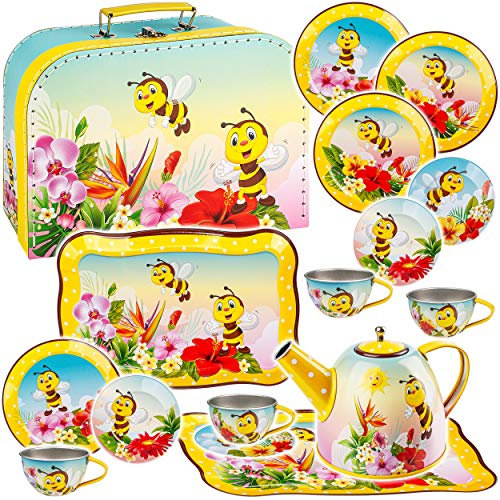 alles-meine.de GmbH 16 TLG. großes Set Picknick Koffer - Puppengeschirr/Kaffeeservice & Teeservice - süße Bienen & Tiere - Tablett & Geschirr aus Blech - Metall - Blechgeschi..