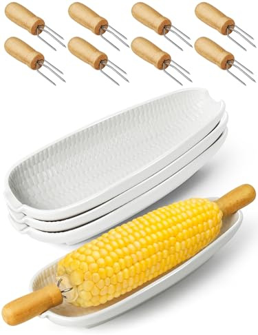 Artcome Ceramic Corn Dishes Set with 8 Wooden Corn Cob Holders - 4-Pack Corn Plates with Embossed Corn Design, Durable & Dishwasher Safe Dish Set for BBQ, Picnics, and Family Meals