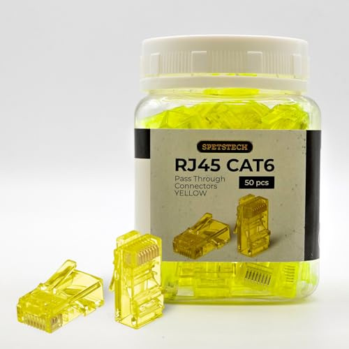 Spetstech RJ45 Connectors 50-Pack Cat 6 PASS - Through Connectors (Cat 6 Ends / Cat6 Plugs / RJ45 Modular Plugs/Ethernet Connectors) for Ethernet Cables (50, Yellow)
