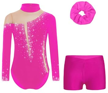 Alvivi Mädchen Turnanzug Glitzer Gymnastikanzug Langarm Gymnastik Leotard mit Kurze Hose Haarband Gymnastikbody Turntrikot Tanzkostüm B Rosa 146-152