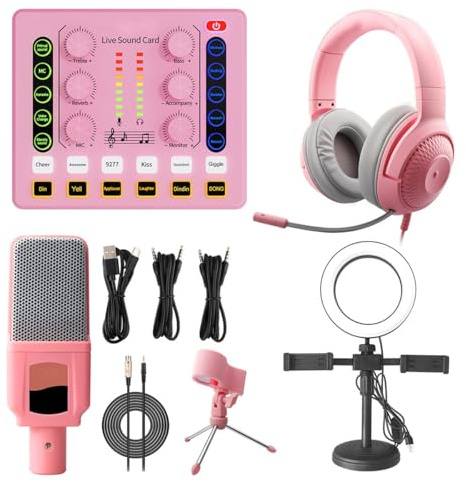 Équipement De Podcast Complet, Pack De Studio D'enregistrement BM-800 avec Carte Son en Direct, Microphone À Condensateur De Studio Parfait pour Le Podcasting, Le Streaming Et Les Jeux (Rose)