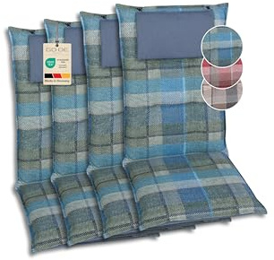 GO-DE Textil Bequeme und attraktive Polsterauflagen für Hochlehner-Gartenstühle (4er-Set, Karo Petrol, Hochlehner)